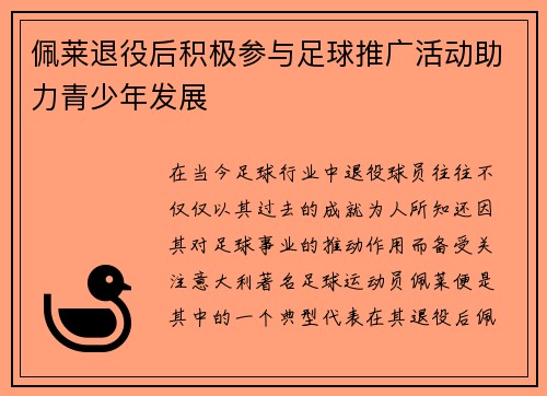 佩莱退役后积极参与足球推广活动助力青少年发展