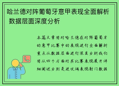哈兰德对阵葡萄牙意甲表现全面解析 数据层面深度分析
