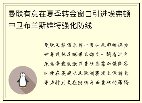 曼联有意在夏季转会窗口引进埃弗顿中卫布兰斯维特强化防线