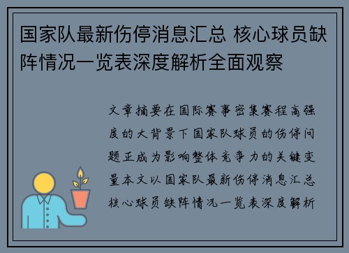 国家队最新伤停消息汇总 核心球员缺阵情况一览表深度解析全面观察